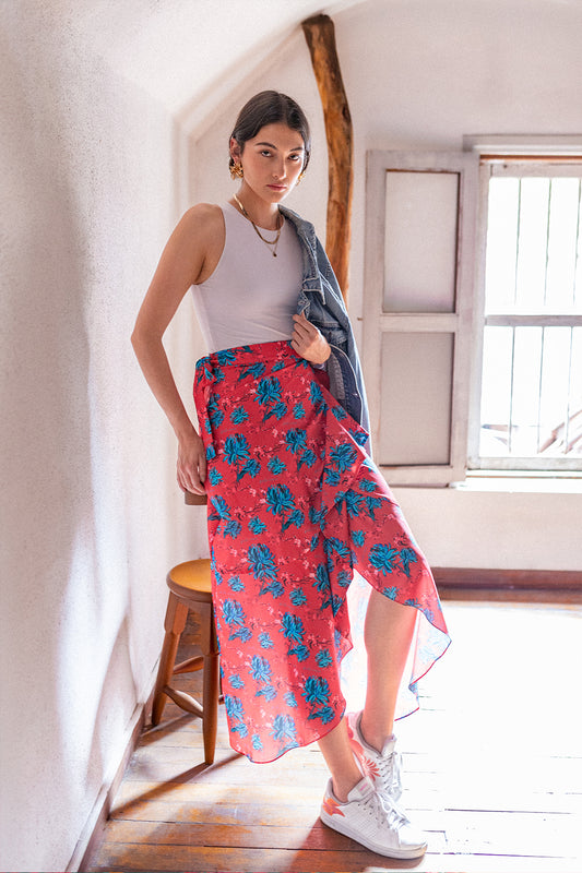 Falda Osaka Peonias Rojo