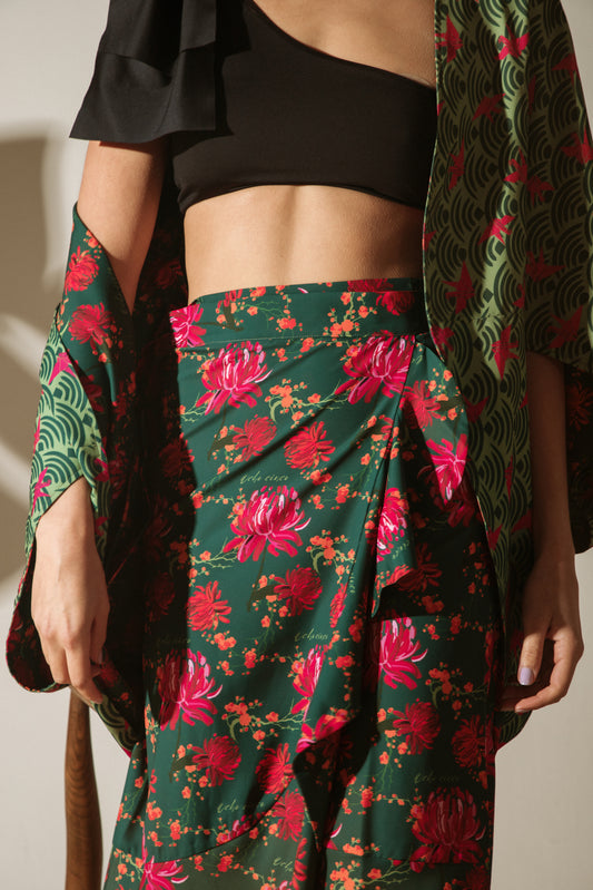 Falda Osaka Peonias Verde